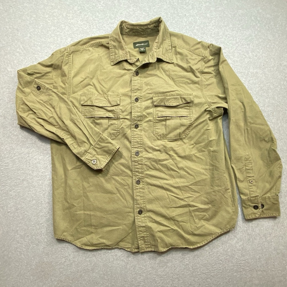 Eddie Bauer Ripstop Shirt Sz L‎ Mens Green Gorpcore Tactical Utility Long Sleeve